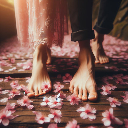 Feet of newlyweds with cherry blossom petals.の素材