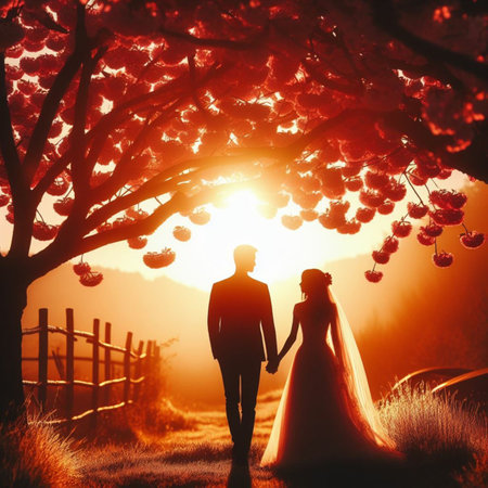 Silhouette of a newlywed couple on the background of blooming cherry treesの素材
