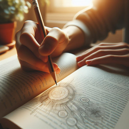 Close up of female hands writing in diary at home. Young woman sitting at table and preparing for exam. Education, learning and knowledge conceptの素材