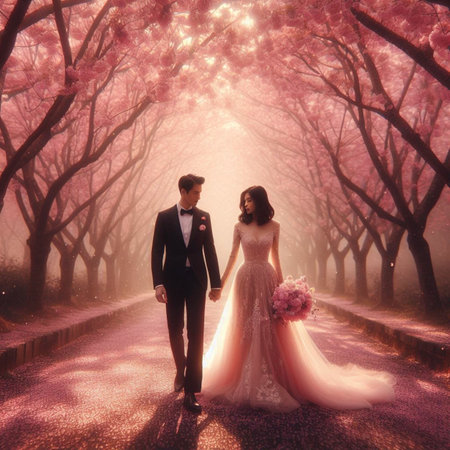Wedding couple walking in a misty forest with pink flowersの素材