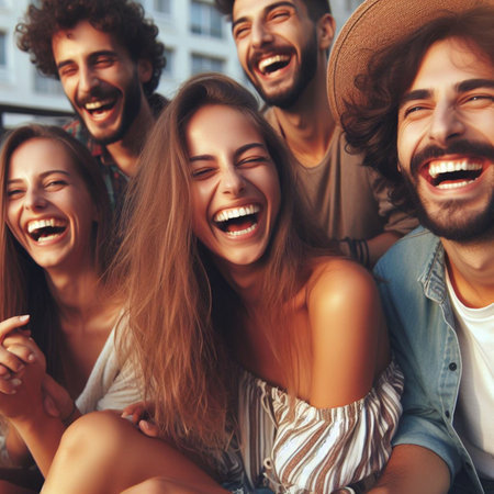 Group of young people having fun together, laughing and looking at camera.の素材