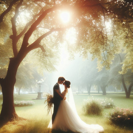 Wedding couple in the park. Bride and groom at sunsetの素材