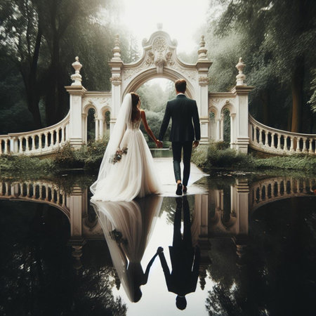 gorgeous wedding couple walking in the park on their wedding dayの素材