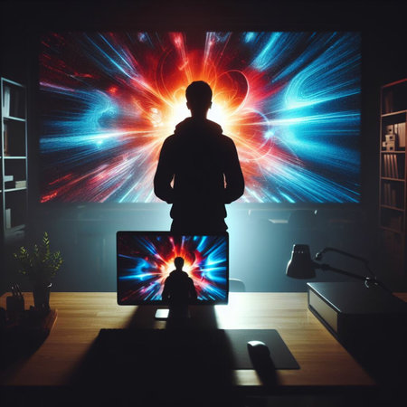 Silhouette of a businessman with a laptop in his hands on the background of a luminous hologramの素材