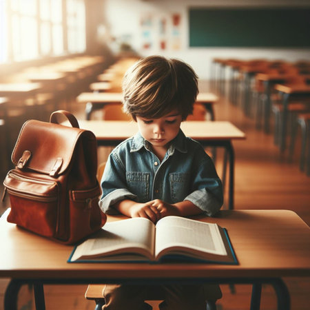 Cute little boy sitting at a desk in a classroom and reading a bookの素材