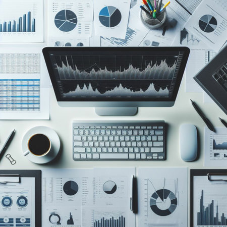Top view of modern workplace with financial charts and graphs on computer screen. Accounting and investment conceptの素材