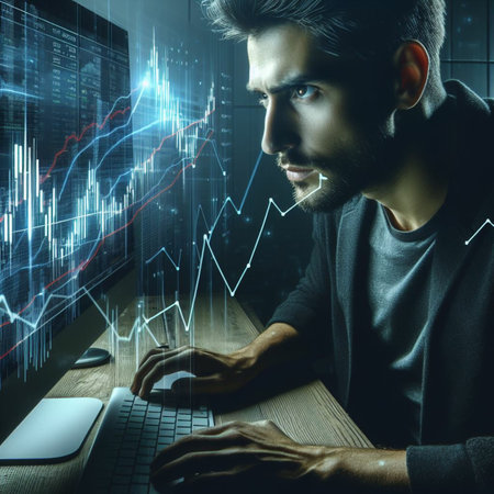 Side view of young caucasian man typing on computer keyboard and forex chart hologram. Stock market concept. Double exposureの素材