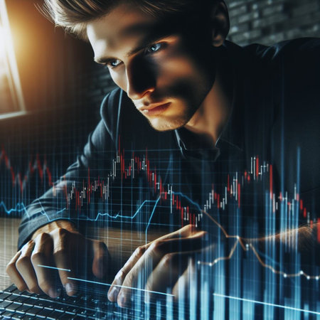 Young man working on laptop with double exposure of forex chart. Toned imageの素材