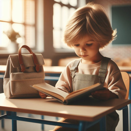 Cute little boy is reading a book while sitting in a classroom at school.の素材