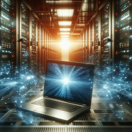 Digital composite of Laptop and server room with flare effect 3dの素材