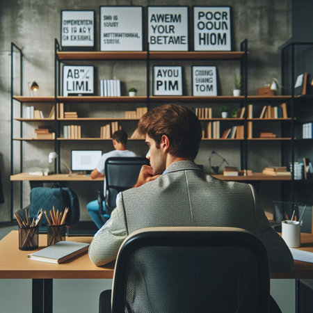 back view of young businessman sitting at workplace in office and looking awayの素材