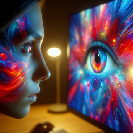 Futuristic female face with computer monitor and abstract colorful background.の素材