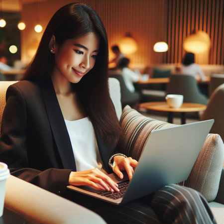 Beautiful Asian woman using laptop in cafe, business concept.の素材