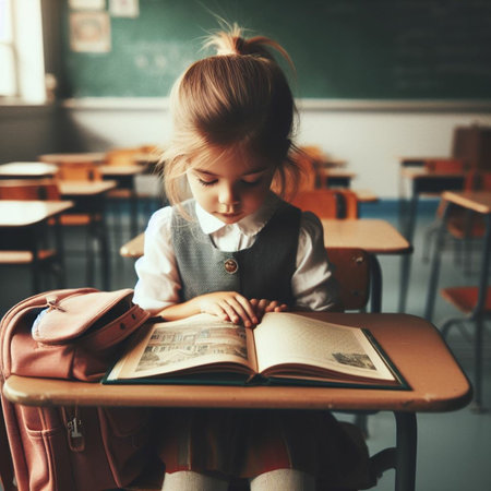 Little schoolgirl sitting in a classroom and reading a book. Back to school.の素材