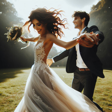 gorgeous wedding couple walking in the park on their wedding dayの素材