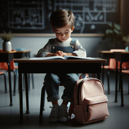 Cute little boy sitting at desk in classroom and writing in notebookの素材