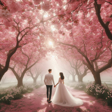 Wedding couple walking in the spring garden with cherry blossomsの素材