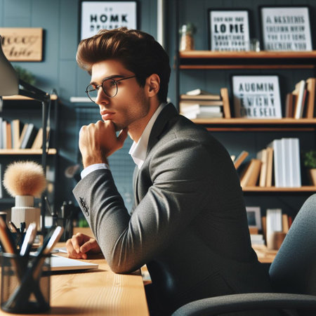 Handsome young man in suit and eyeglasses working in officeの素材