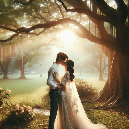 Beautiful bride and groom embracing in the park at sunset. Vintage style.の素材