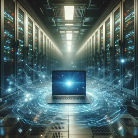 Laptop in a server room. 3d rendering toned image double exposureの素材