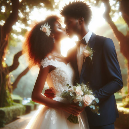 Beautiful bride and groom embracing in the park on their wedding dayの素材