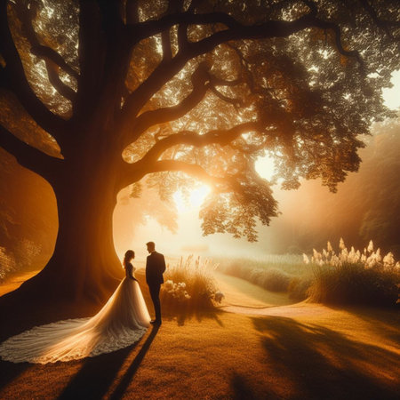 Wedding couple in the old oak forest at sunset. bride and groomの素材