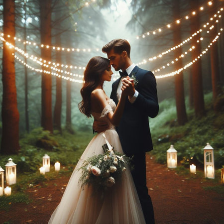 Wedding couple, bride and groom in a pine forest at nightの素材