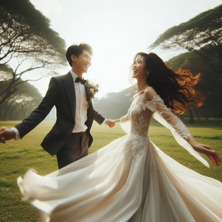 Beautiful bride and groom running in the park on their wedding dayの素材