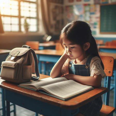 Cute little Asian girl reading a book while sitting at a desk in the classroom.の素材