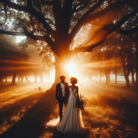 Wedding couple in love, bride and groom against the background of an oak treeの素材