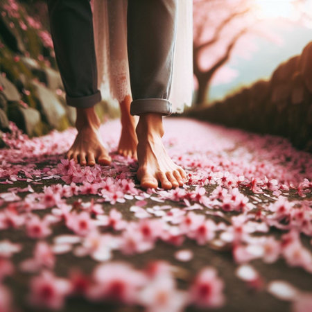 Close up of barefoot woman walking on pink sakura flower petalsの素材