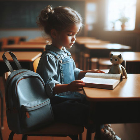 Cute little girl reading a book while sitting in a school classroomの素材
