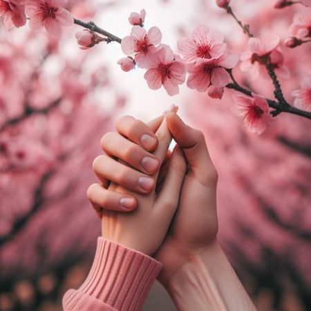 Beautiful woman hands with pink manicure holding cherry blossom branch in spring timeの素材