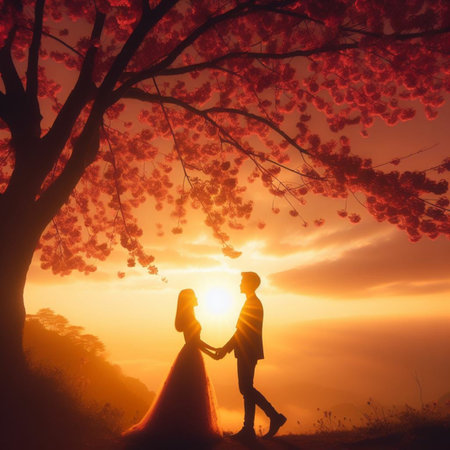 Silhouette of wedding couple in love with cherry blossom backgroundの素材