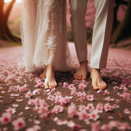 bride and groom walking in the garden with cherry blossom petalsの素材