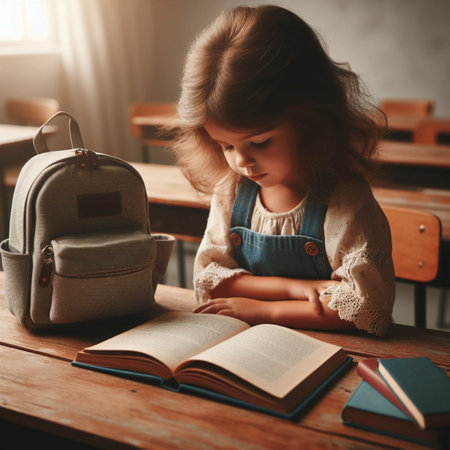 Little schoolgirl sitting at the desk and reading a book in the classroomの素材
