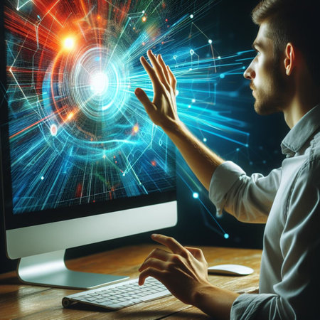 Side view of young businessman using computer with high tech hologram on blurry background. technology conceptの素材