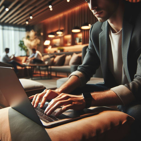 Cropped image of a young businessman using laptop while sitting in cafeの素材