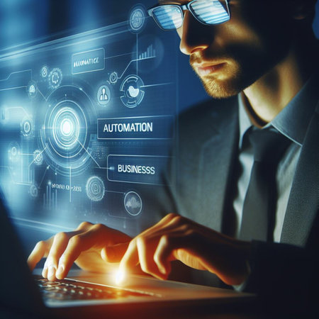 Automation Software Technology Internet Concept. Businessman working on laptop in officeの素材