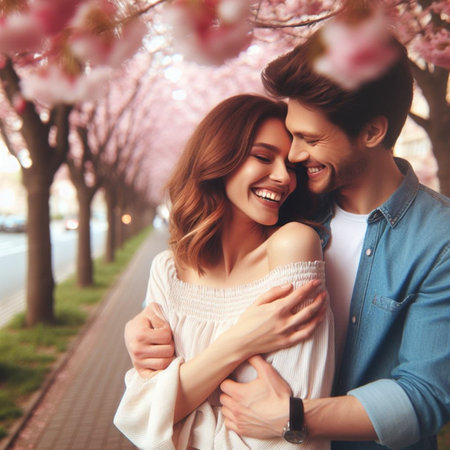 Beautiful young couple is hugging and smiling while standing near blooming cherry trees in the park.の素材