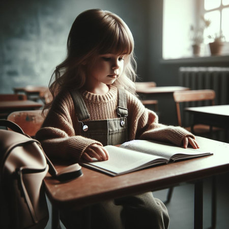 Cute little girl sitting at a table in a cafe and reading a book.の素材