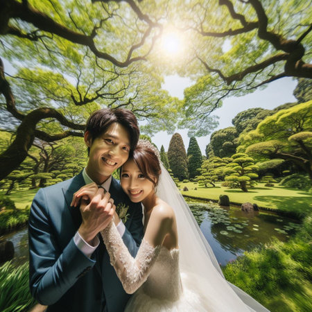 Happy asian bride and groom in the park with nature background.の素材
