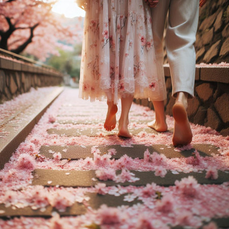 Cherry blossoms in full bloom, young couple walking on the stairsの素材