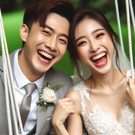 Portrait of happy asian bride and groom sitting on a swingの素材