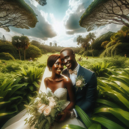 Beautiful bride and groom on their wedding day. Bride and groom in the parkの素材