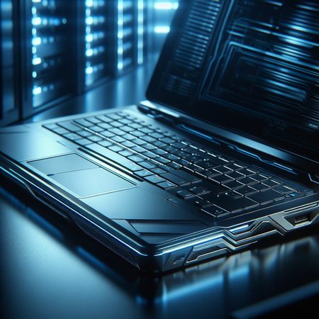 Laptop in data center (blue toned image) 3D renderingの素材