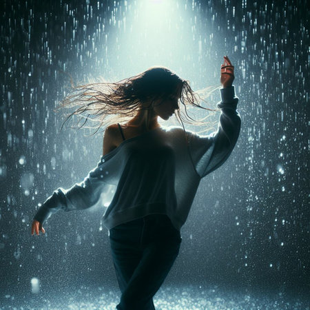 Beautiful young woman dancing in the rain on a dark background.の素材