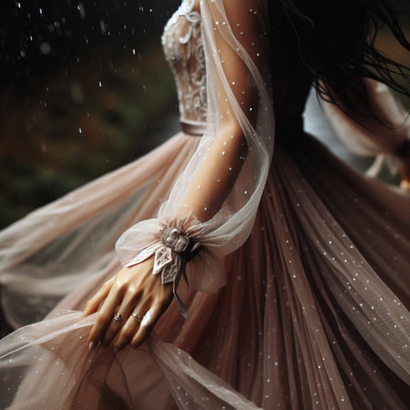 Beautiful bride in white wedding dress and veil on the background of the rainの素材