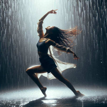 young beautiful dancer posing in studio under the rain on a dark backgroundの素材