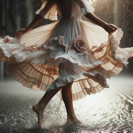 Fashion shot of a beautiful young woman in elegant dress in the rainの素材